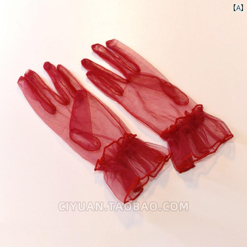 レース手袋 レディース ロリータ バーガンディ レース メッシュ 透明 手袋 ガール ティーパーティー ブライダルアクセサリー 袖