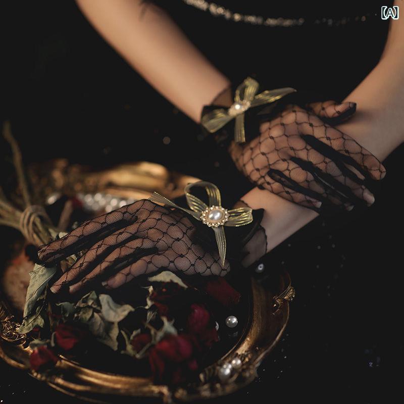 レース手袋 レディース ウェディング ロリータ レース グローブ 魅惑的 黒 メッシュ 薄手 ブライダルド..