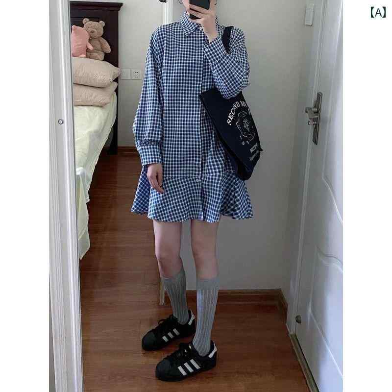 フレンチ レトロ チェック柄 レディース 太い mmの フレンチ チェック 柄 配色 長袖 シャツ ワンピース レディース ゆったり スリム POLO 襟 ショート スカート