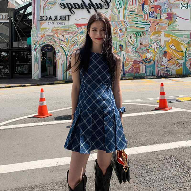 フレンチ レトロ チェック柄 レディース フランスの レトロ デニムの ノースリーブドレス ハイウエスト..