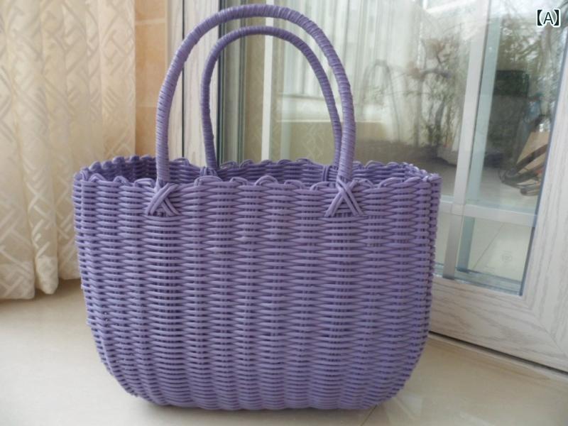 ピクニック バスケット スタイリッシュな ハンドバッグ トート バスケット 食料 品 編み込み 収納 ピクニック ショッピング フルーツ＆ ギフト プラスチック ラタンバスケット