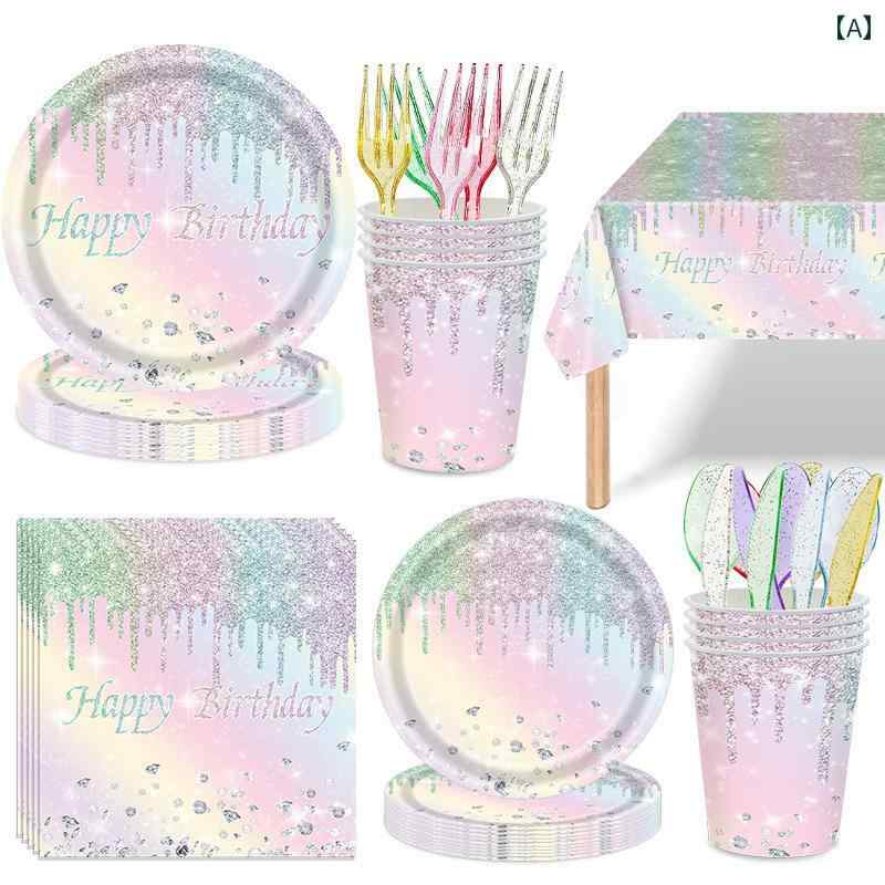 テーブルクロス レインボーグラデーション マカロン ラインストーン バースデー パーティー 紙 コップ デコレーション 背景 皿 食器 セット テーブル クロス ナプキン