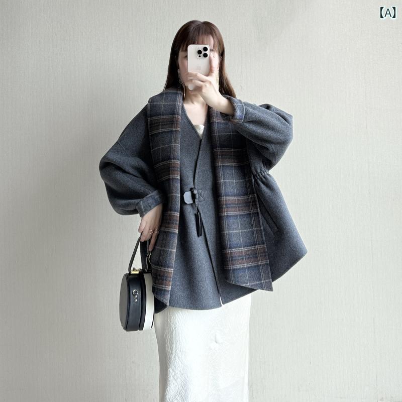 楽天LAONsChoiceロングウールコート レディース 秋冬 両面 ウール マフラー / コート デパートと 同じ スタイル ゆったりした AB チェック 柄 ネックウォーマー レディース コート。