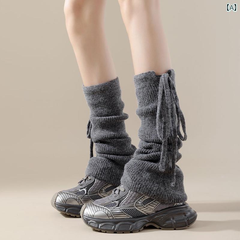 レディースソックス ストラップ 付き ニット パイルソックス 女性用 春秋冬 グレー ホット ガール スタイル レッグ ソックス JK ふくらはぎ ミドル
