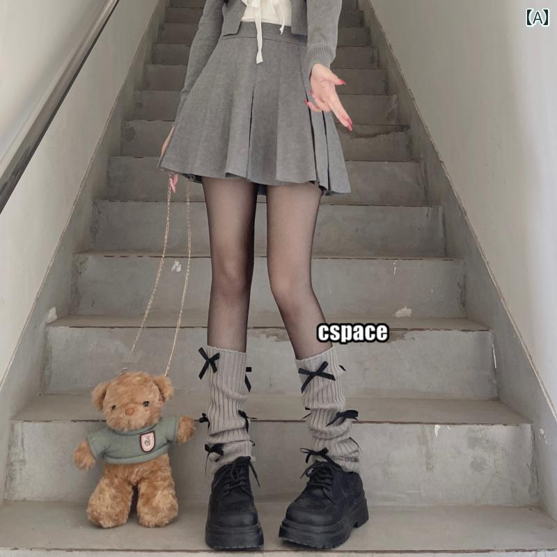 レディースソックス 五 里 鎮 ブラックティー ミューズ バレエ スタイル ブラック リボン ふくらはぎ スリーブ グレー ニット スラウチ ソックス