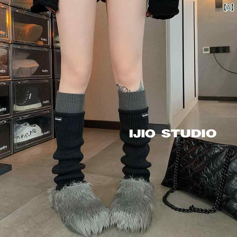 レディースソックス IJIO ワンピース ウール フェイク ツーピース レイ ヤード ソックス スリム 暖かい..