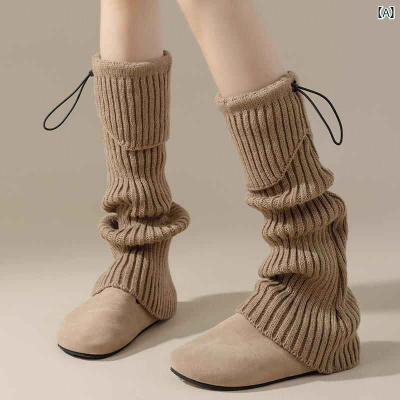 レディースソックス レディース 秋冬 ニット ソックス ドローストリング スタイル ホワイト ミドル カーフ スラウチ スタイリッシュで。