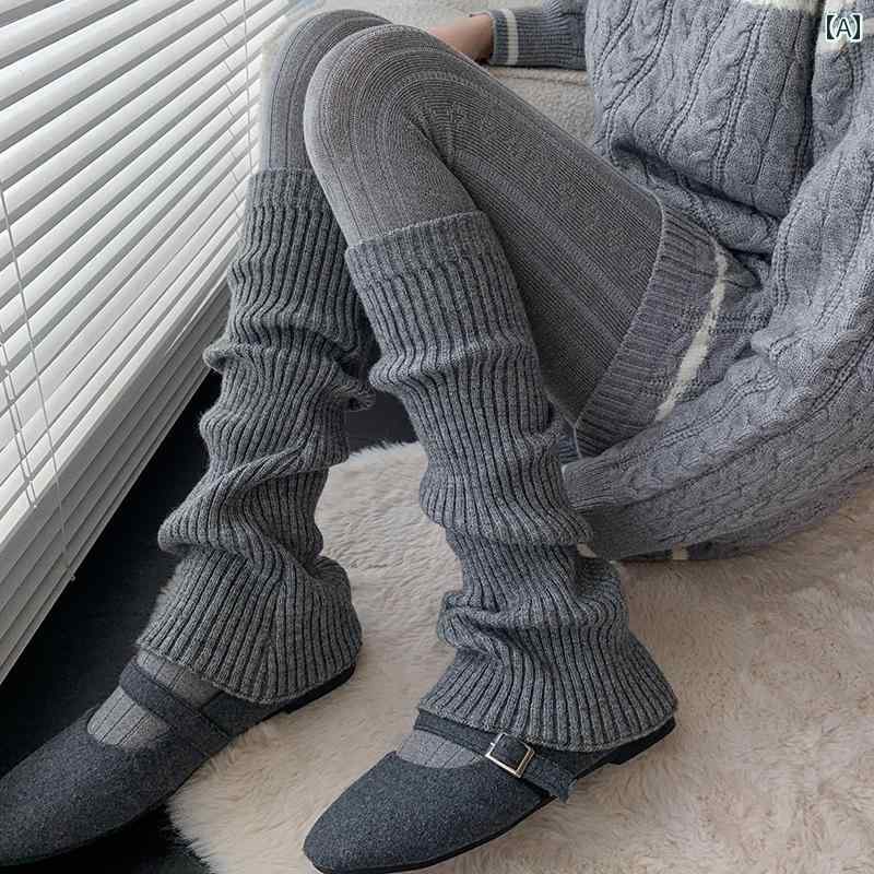 レディースソックス 韓国 ダーク グレーの Y2K レッグウォーマー ホワイトの ミドル スタック ソックス レディース 秋冬 ニット 縦縞 ブラック カーフ