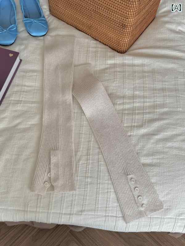 レディースソックス レディース 無地 ベーシック ニット ソックス 秋冬 ボタン ダウン スリット ロング カーフ レッグウォーマー