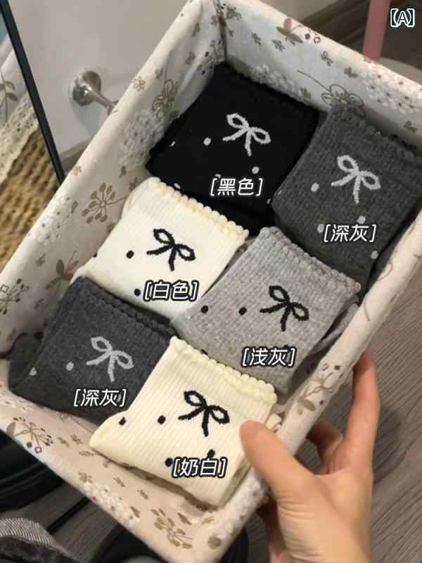 ショートソックス レディース リボン ドット 柄 ソックス レディース 春秋 スタイル ミドル チューブ ..