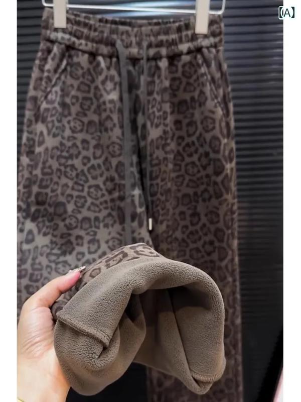 ヒョウ柄 の 品物の コーヒー 色 裏起毛の 厚手 ヒョウ 柄の ナロー ワイド レッグ パンツ レディース 秋冬 ハイウエスト 弾性 美しい ストレート(4)