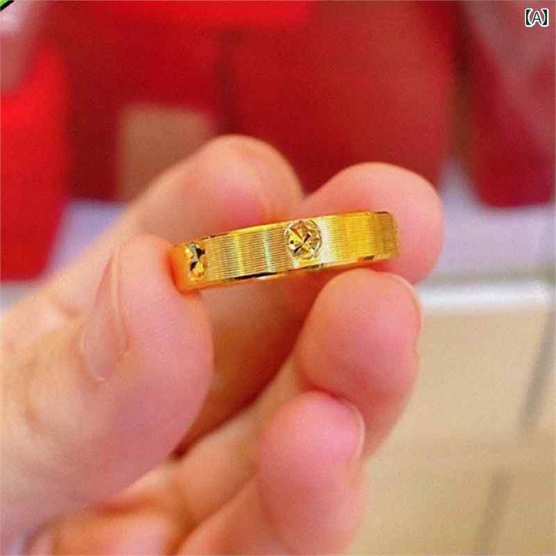 女性用 リング ゴールドカラーの ライス パターン ラインストーン リングな シンプル プレーンリング カップル リング サンド ゴールド ギフト 色褪せません。