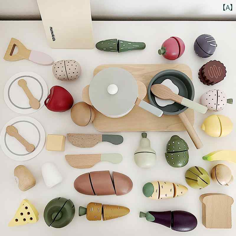 子供用 キッチン おもちゃ Nunukids 子供用 プレイハウス フルーツ カット おもちゃ 野菜 楽しい 男の子と 女の子用 キッチン ポット セット 木製