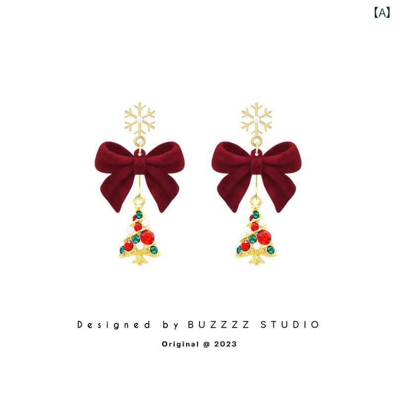 クリスマスの飾り の ラインストーンの クリスマス ツリー イヤリング 赤い フロッキング ボウ 付き 高..