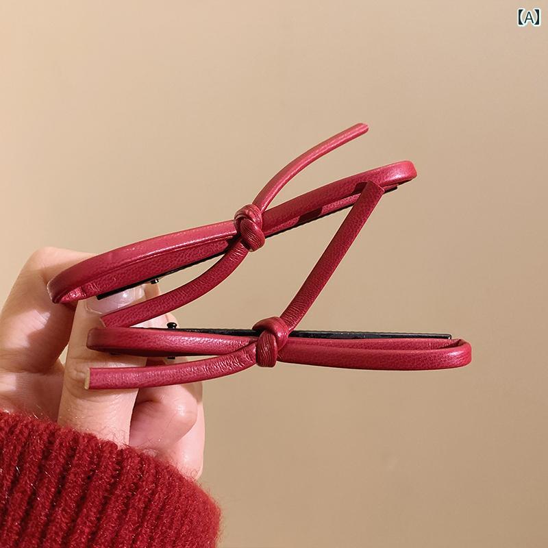 クリスマスの飾り レトロ ワイン レッドの レザー リボン ヘア ピン 女性用 前髪 サイド ダックビル クリップ 秋冬 年 クリスマス ヘッド ドレス