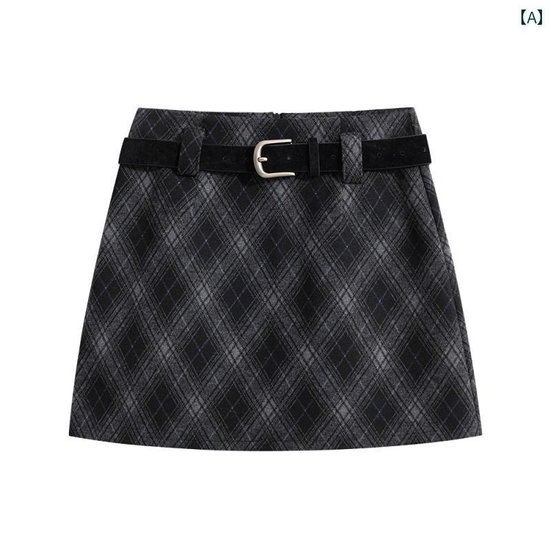 チェック柄 ミニスカート それらの こと ワードローブ レトロ チェック 柄 ウール スカート レディース 秋冬 小さい ハイウエスト a ライン ヒップ ショート(4)