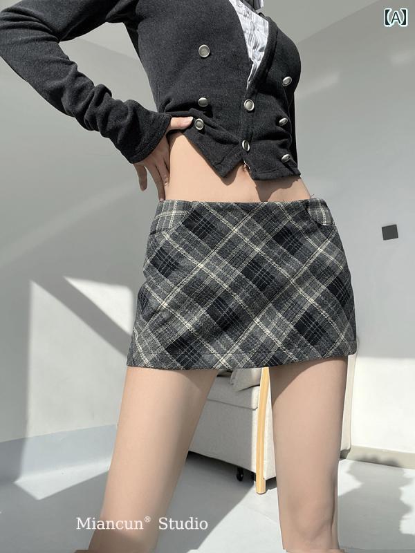 チェック柄 ミニスカート 女性用 レトロ チェック 柄 スカート ローウエスト ゆったり スリム aライン ヒップ 小さい ホット ガール ポケット