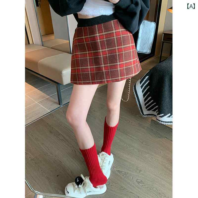チェック柄 ミニスカート 赤い チェック 柄 ウール スカート レディース 2024秋冬 厚手 カジュアル プチ aライン