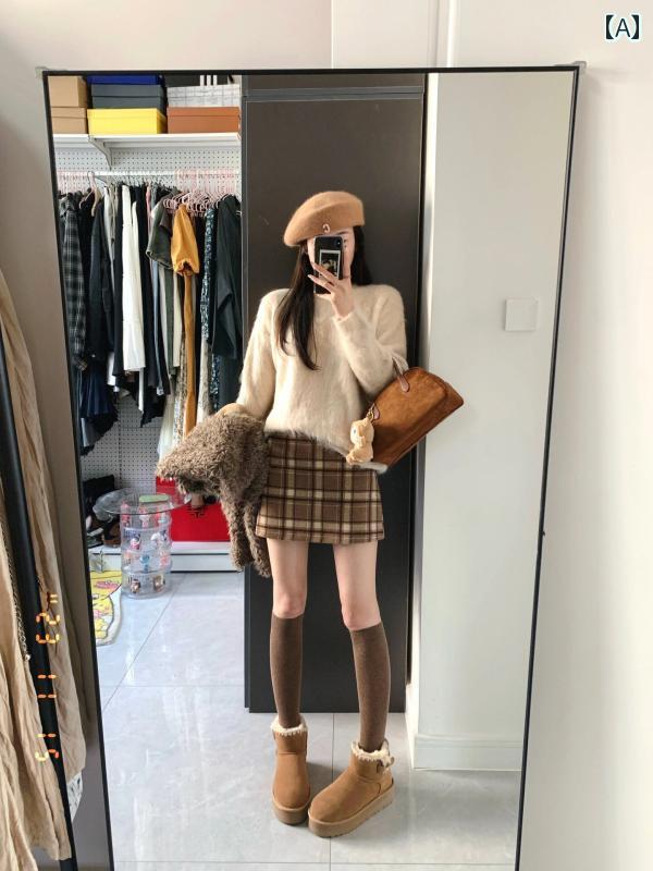 チェック柄 ミニスカート メイラード ブラウンチェック 柄 ヒップ ラップ ウール ショート スカート 秋冬 チェック 小さめ aライン ハイウエスト