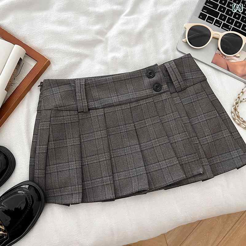 チェック柄 ミニスカート レトロ チェック 柄の 2つ ボタン ハイウエスト スリム スカート 露出 防止 ..