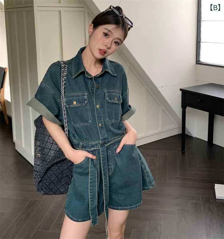LAONsChoiceのジャンプスーツレディース デニム ジャンプスーツ レディース ワークウェア ハイエンド 2025 春夏 半袖 ワイド レッグ ショーツ｜アングル2