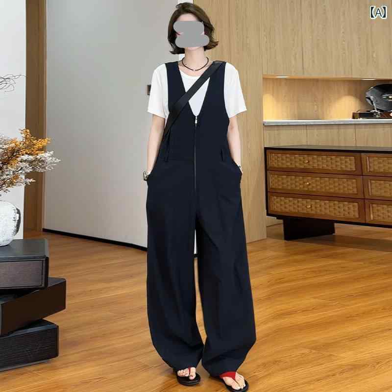 ジャンプスーツレディース ゆったり Vネック ジッパー オーバー オール レディース 2025夏の ワイド レッグ ジャンプスーツ パンツ