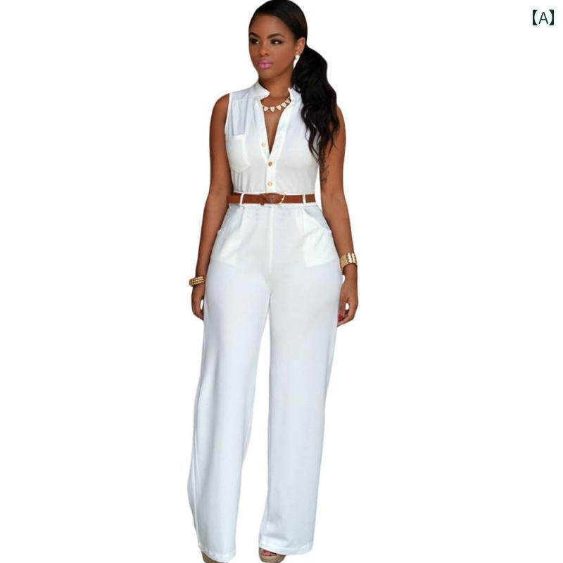 ジャンプスーツレディース ベルト 付き ワイド レッグ ジャンプスーツ シングルブレスト ハイウエスト ..