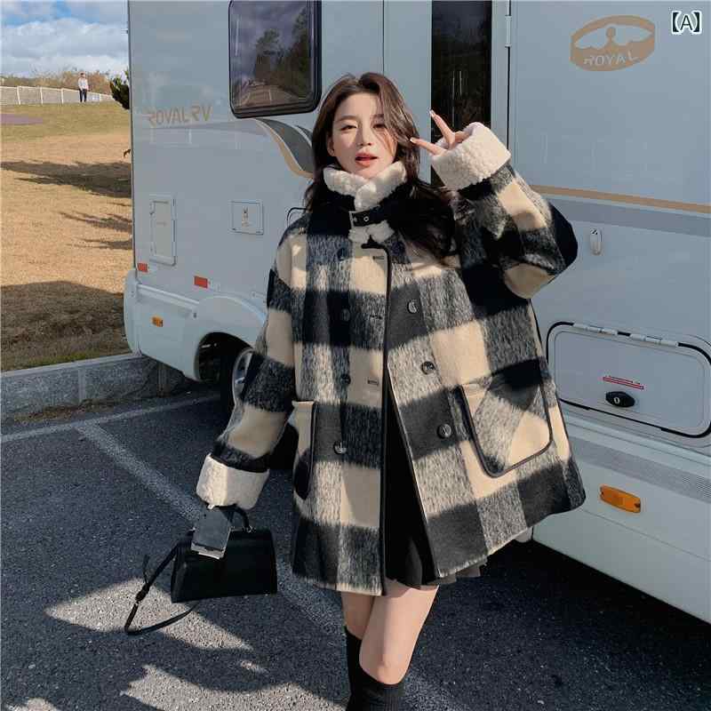 チェック柄ウールコートレディース レディース ウール コート 冬 チェック 柄 カジュアル 小柄 ショート 厚手 裏起毛 ラムウール