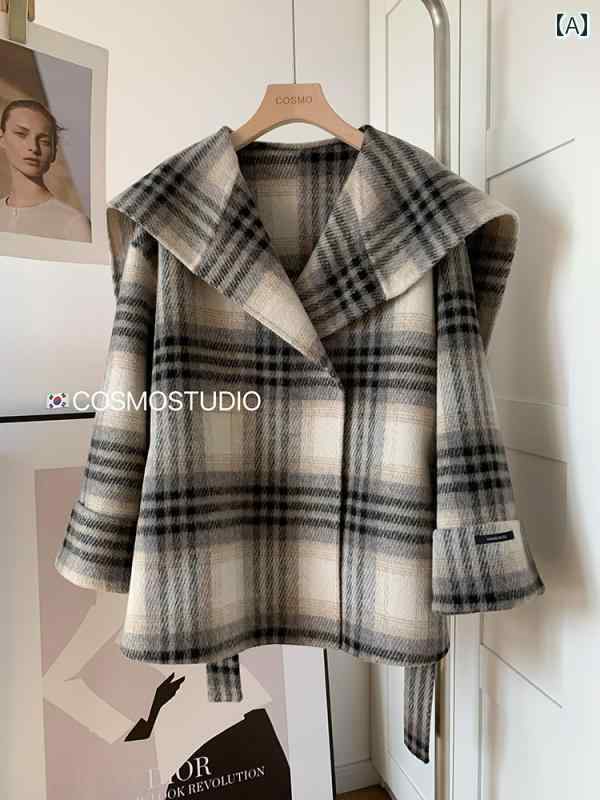 チェック柄ウールコートレディース 韓国 東大門 ネイビーカラー ベルト チェック 柄 ダブルフェイス カシミヤウール コート レディース 2024冬(4)