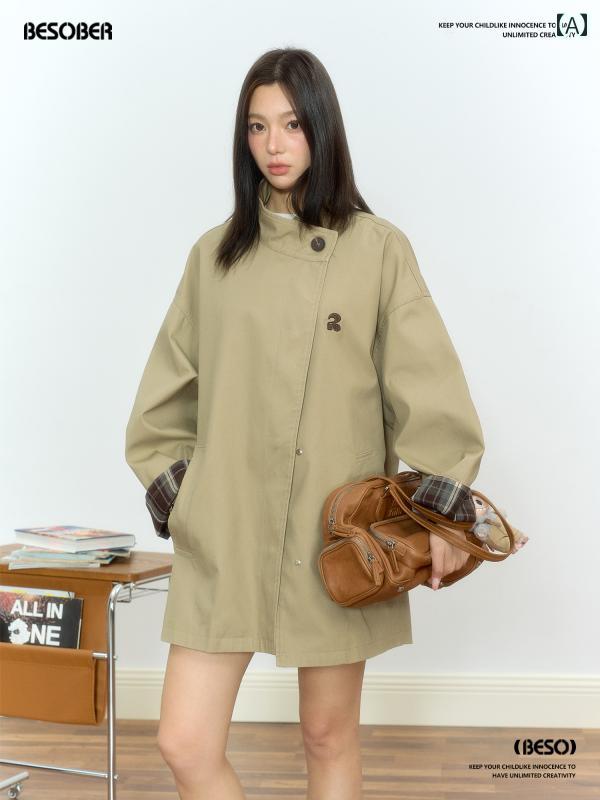 チェック柄ウールコートレディース BESOBER 高級 クラシック チェック 柄 トレンチコート ジャケット ..