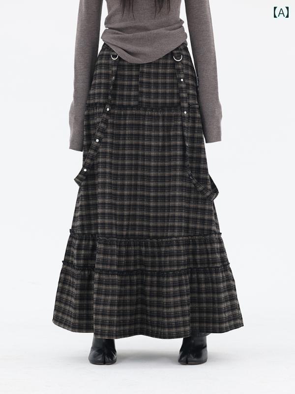 ハイウエスト チェック柄スカート Meiya FUZZYKON aライン フリル ステッチ 反抗的な ロック レトロ 起毛 チェック 柄 スカート ブラウン / グリーン