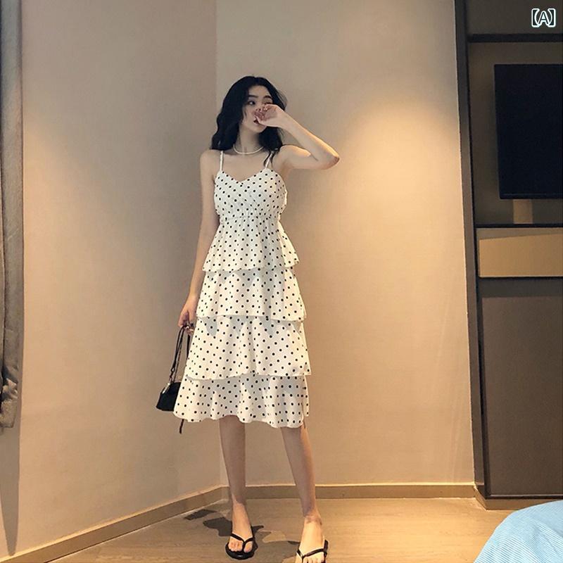 おしゃれなドット柄サスペンダー フレンチな スマート スモーク フレンチ ハイウエスト レトロ 膝上 丈..