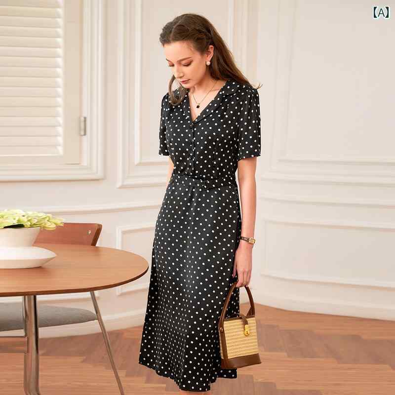 おしゃれなドット柄サスペンダー フランス のの ドレス レディース 夏の ウエスト スリム 高級 黒の ド..