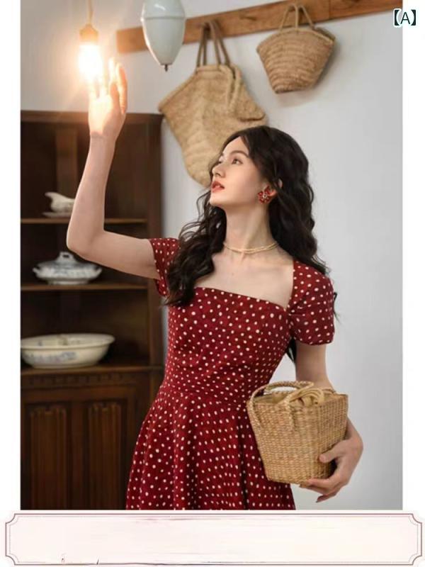 おしゃれなドット柄サスペンダー フランスの レトロ 大きい スクエアネックの ドットの ドレス ハイウエスト 美 白 スリミング 風 aライン ウエスト 文学的な スイング スカート