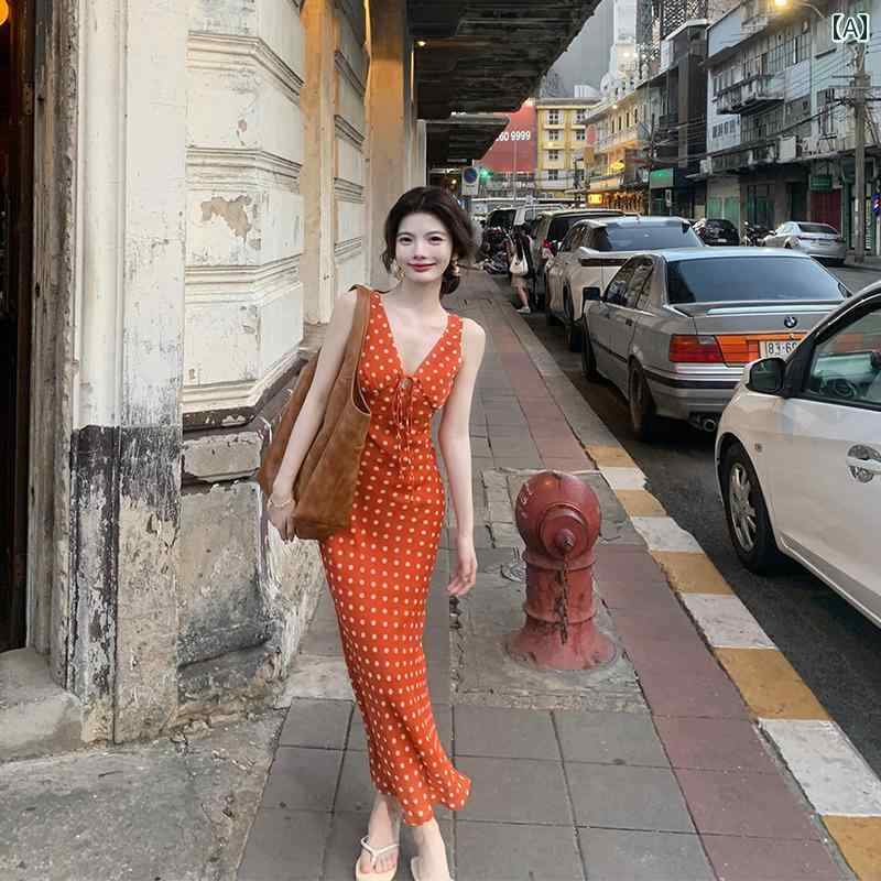 おしゃれなドット柄サスペンダー ロセ ローラ シャンゼリゼ オレンジ バイアスカット ドット 柄 ドレス ロング スカート(4)