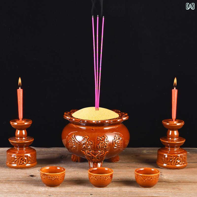 香立て 屋 内外 兼用 仏具 三脚 陶器 蓮根 香炉 6点 セット