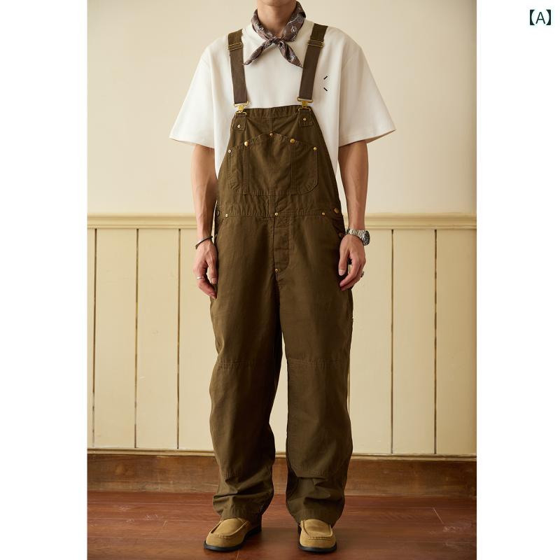 デニム オーバーオール メンズ 英国 風 レトロ ワークウェア カジュアル パンツ メンズ 春秋 ストレート マルチ ポケット ジャンプスーツ カップル オーバー オール サスペンダー