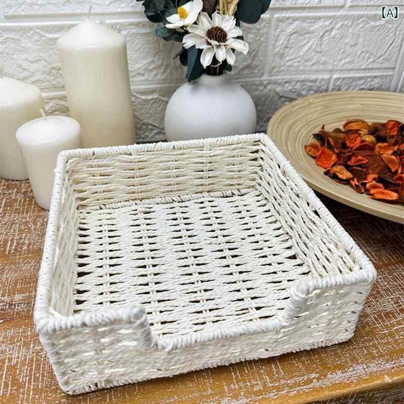 壁掛け トイレットペーパーホルダー 正方形の 紙 ロープ ストロー 編み ナプキン トレイ 直立 ティッシュ ホルダー 北欧 収納 デスク トップの 雑貨 ボックス