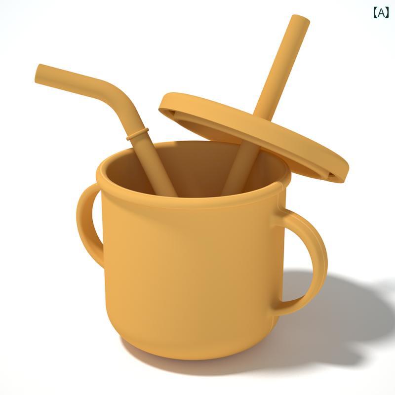 子供用ウォーターカップ ストロー 2本 子供用 ウォーターカップ 食品 グレード シリコンソフト カップ ベビー 学習用 ドリンクカップ 落下 防止 フード