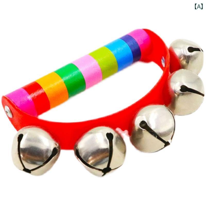 タンバリン ハンドベル 楽器 半 円形 木製 革製 ラトル 幼児用 ベル 子供用 オルフ ダンス ベルボトム形