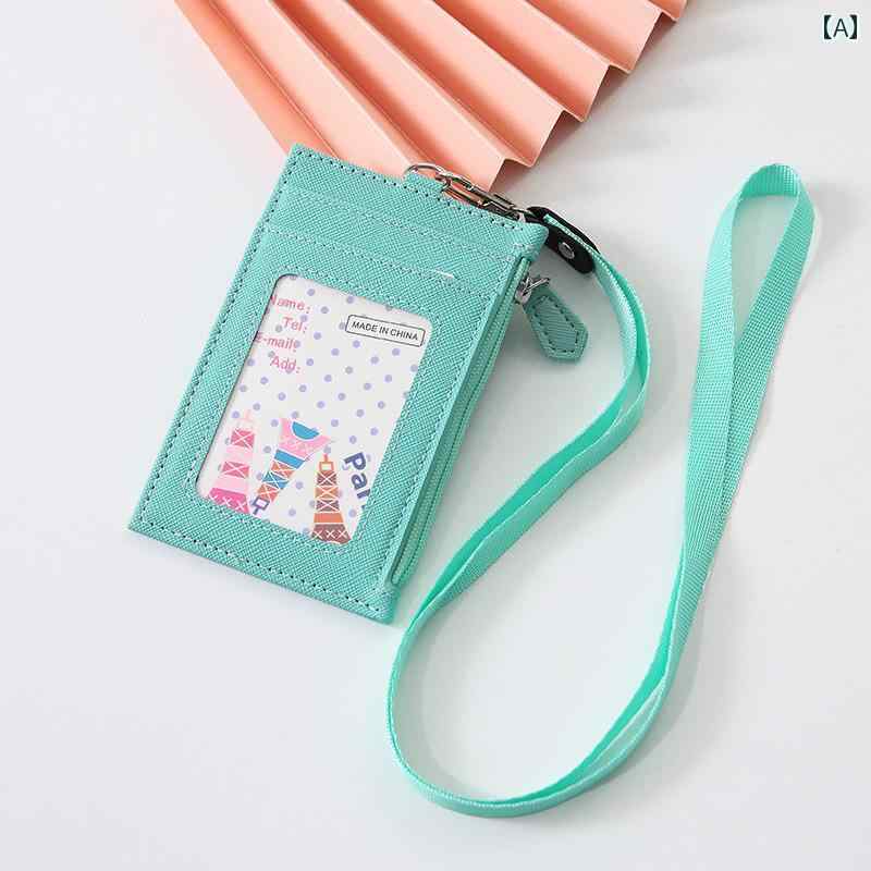 薄型 小型 カードホルダー ファッション PU レザー カードホルダー ストラップ 付き 男女兼用 首 掛け 式 証拠 小銭入れ マルチ カードスロット シンプル