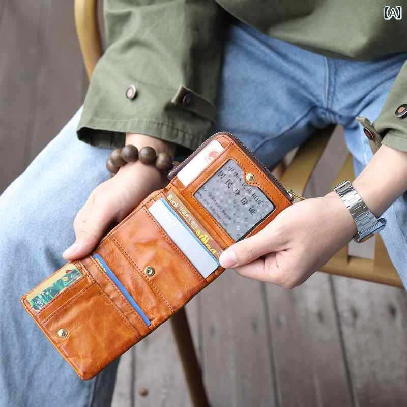 薄型 小型 カードホルダー Wanye 革 小型 財布 メンズ レディース ショート ウォレット第一層 牛革 三つ 折り レザーウォレット 縦型 ファスナー カードホルダー