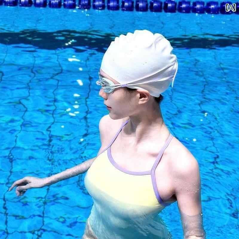 スイムキャップ 女性用 ホワイト スイミング キャップ シリコン 防水 ロング ヘア PU 大人用 頭囲なし 頭囲 拡大 水泳 用品