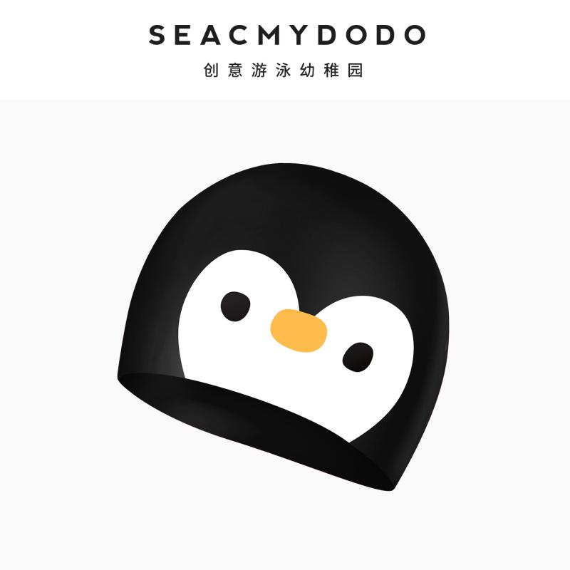 スイムキャップ SEACMYDODO ブラック リトル ペンギン かわいい スイミング キャップ 防水 頭に 優しい ロング ヘア用 大きいサイズ