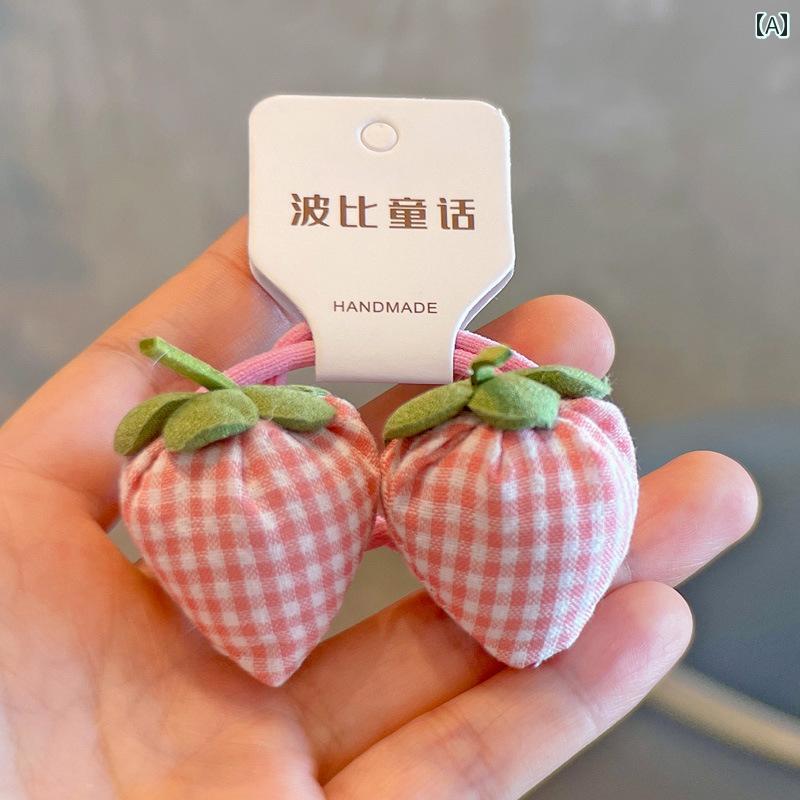 子供用ヘアバンド 韓国 生地 チェック 柄 イチゴ ヘア リング 子供用 アクセサリー かわいい フルーツ 女の子 ロープ ヘッド バンド ゴム