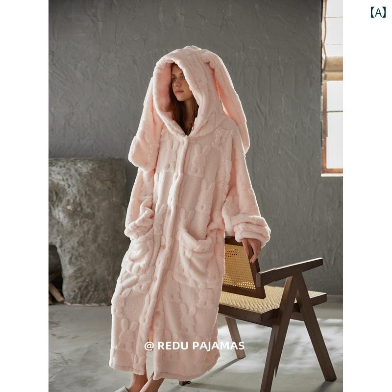 ウサギの耳 ホット ジェラシー ナイトガウン レディース 冬 スタイル プラッシュと 厚手 コーラル フリース かわいい ウサギの 耳 フード付き スイート パジャマ ホームウェア