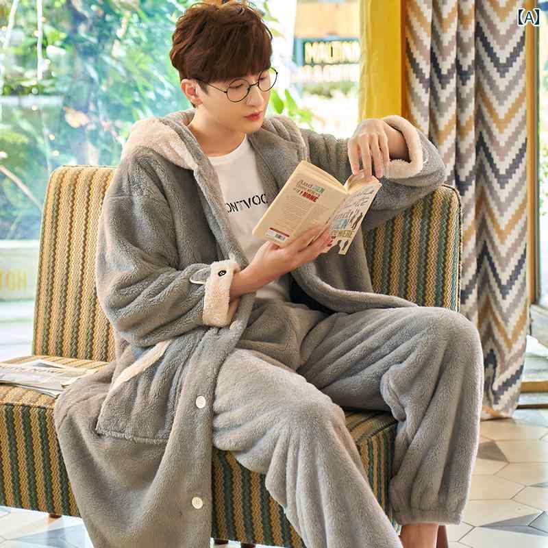 ウサギの耳 メンズ パジャマ 冬 コーラル 裏起毛 厚手 暖かい 秋冬 ウサギの 耳 の アニメーション ホ..