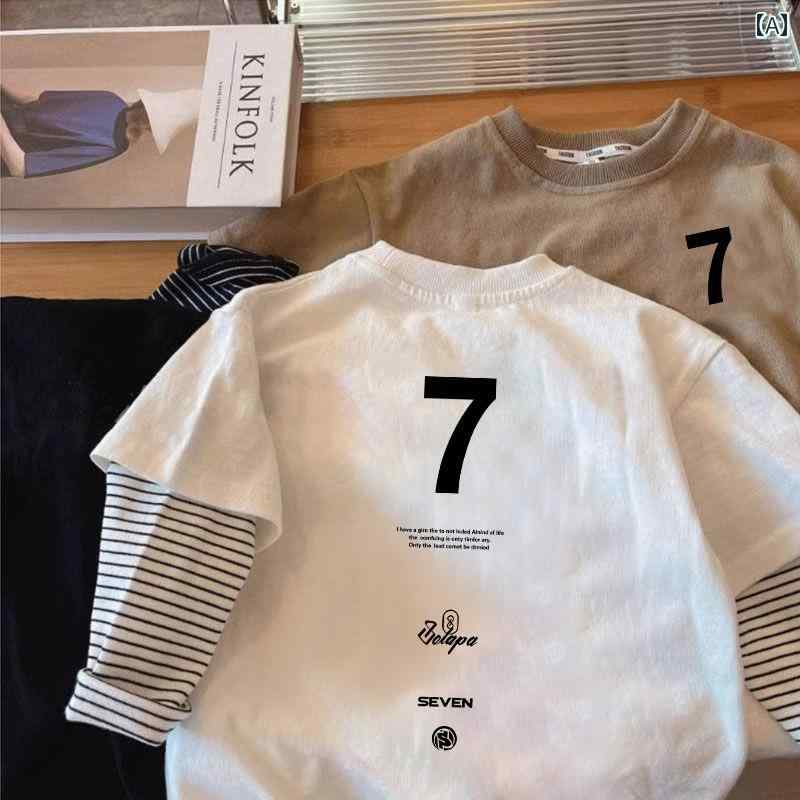 子供服 男の子 春秋用の 男の子用 長袖 フェイク ツーピース コットン Tシャツ ゆったり の トップス ..