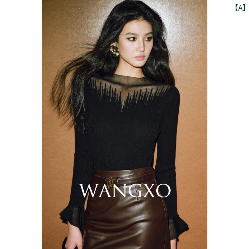 ニットブラウス レディース WANGXO｜ 透け 感オー ガンザ＆ ウールヤーン｜ 通気性 抜群 イレギュラー ..