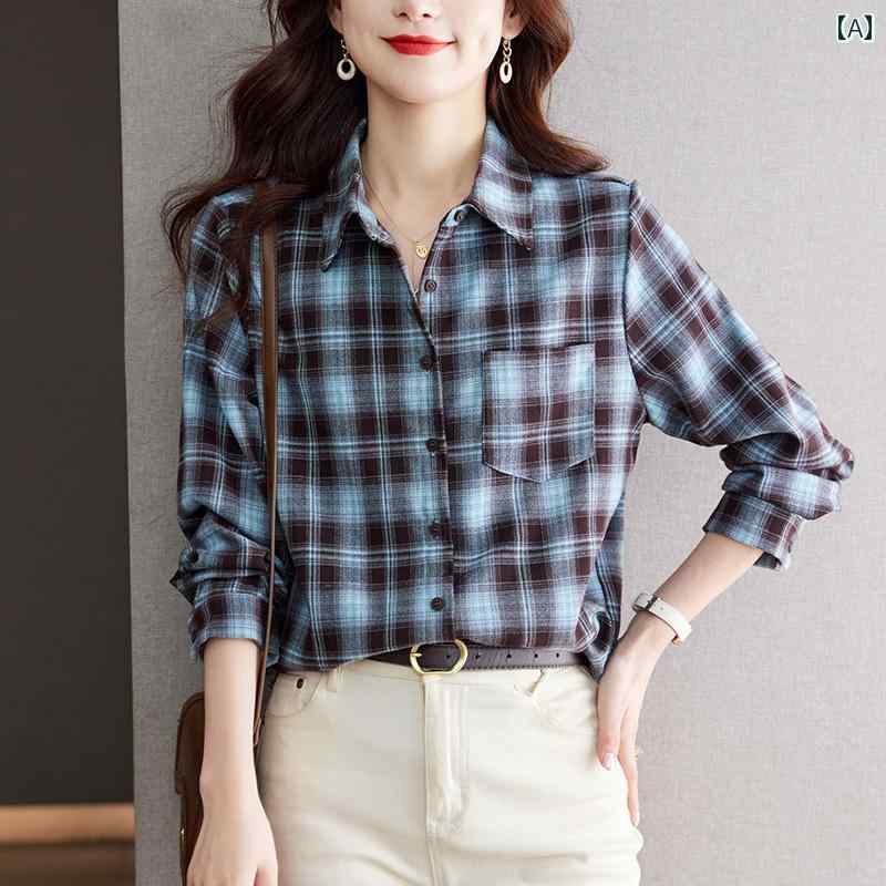 レトロ チェック シャツ レディース Chuying チェック シャツ レディース 長袖 起毛 厚手 トップス スタイル アート レトロ コットンシャツ(4)